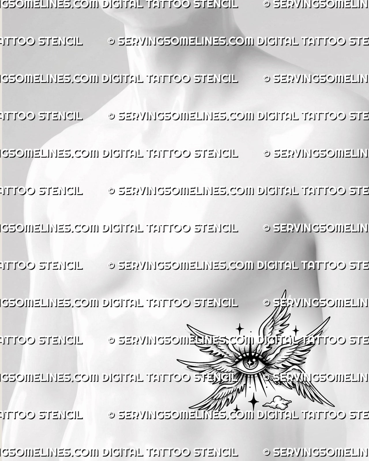 Winged eye tattoo stencil shown on mens ribs placement, with soft angel wings, central eye, and compact celestial shape.