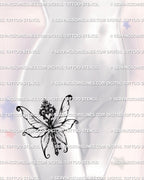 Dark fairy key tattoo stencil displayed on front thigh placement example, winged key artifact with spiked ornament details and heart crest.