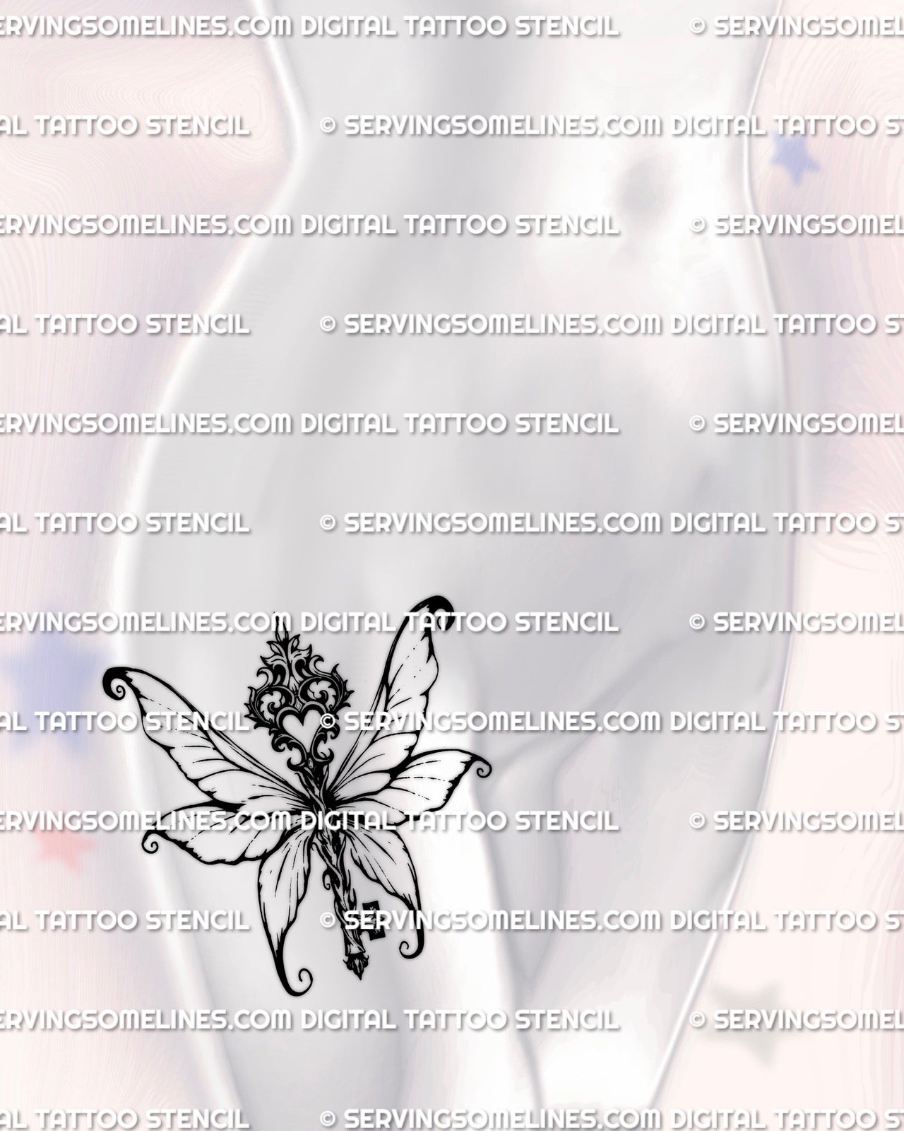 Dark fairy key tattoo stencil displayed on front thigh placement example, winged key artifact with spiked ornament details and heart crest.