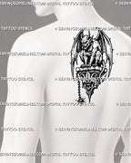 Winged gargoyle tattoo stencil shown on upper back with medieval creature design, horns, claws, gothic stone ornament, chain detail, and centered placement