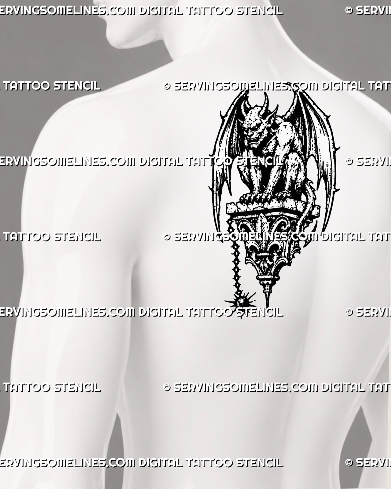Winged gargoyle tattoo stencil shown on upper back with medieval creature design, horns, claws, gothic stone ornament, chain detail, and centered placement