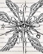 Winged guardian eye tattoo design with celestial stars, sharp black linework, feathered wings, and protective symbol feel.