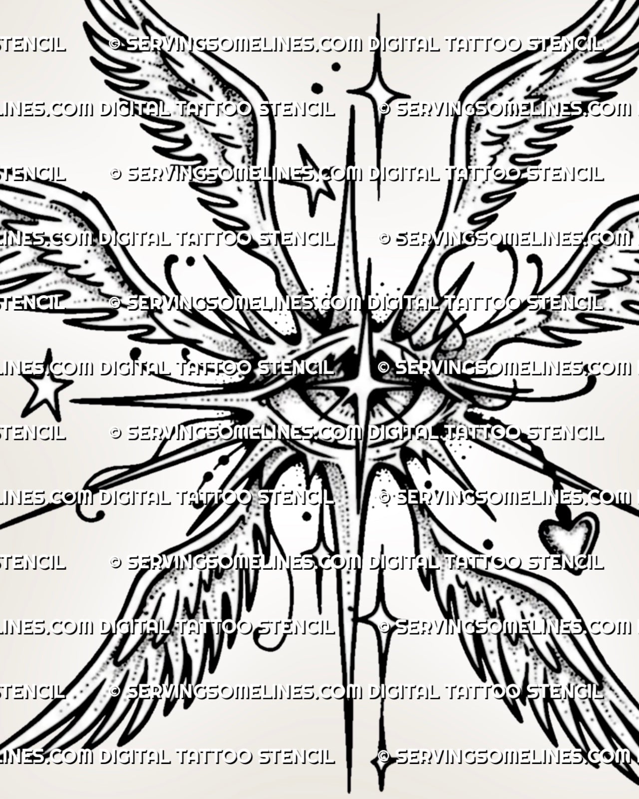 Winged guardian eye tattoo design with celestial stars, sharp black linework, feathered wings, and protective symbol feel.
