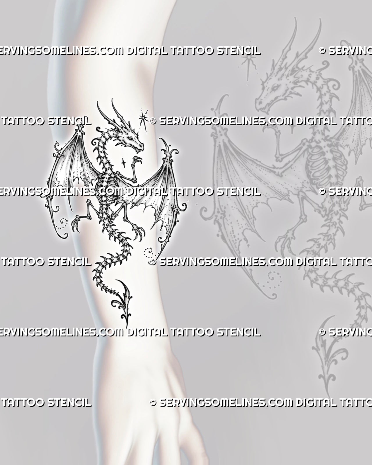 Winged skeleton dragon tattoo shown on the forearm with exposed bones, spread fantasy wings, a long curved tail, fine stars, and black-and-grey detail