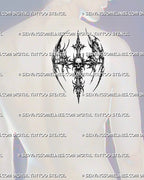 Winged skull cross tattoo stencil shown on men’s shoulder blade placement, with sharp wing spread and skull-centered cross design