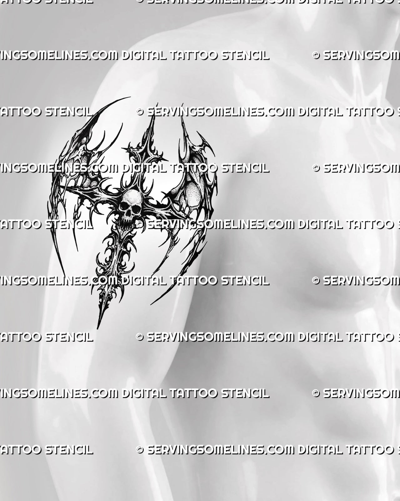 Winged skull cross tattoo stencil shown on men’s upper arm bicep, with skull center, sharp wings, and dark neotribal cross shape