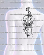 Winged sword spine tattoo shown at the upper-back center with a long ornate blade, abstract butterfly wings, gothic botanical curls, and symmetrical vertical flow