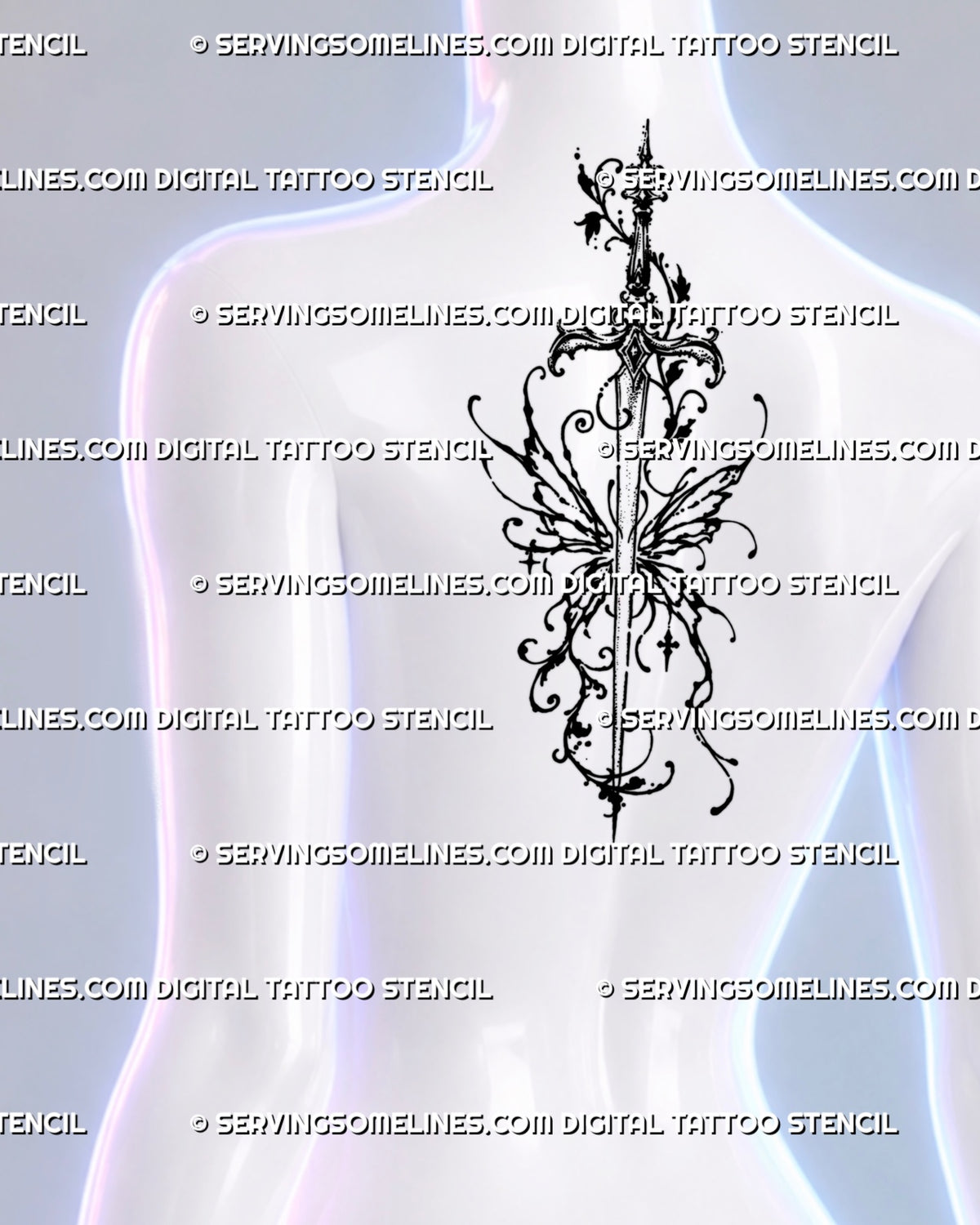 Winged sword spine tattoo shown at the upper-back center with a long ornate blade, abstract butterfly wings, gothic botanical curls, and symmetrical vertical flow