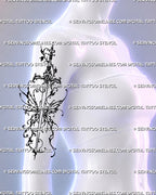 Winged sword tattoo shown on a woman’s upper arm with abstract butterfly-like wings, curling ornamental vines, gothic ink details, and an ethereal dark-fantasy style