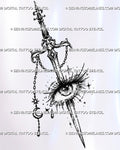 Witchy sword through eye tattoo stencil with ornate fantasy sword, lash-lined eye, crescent moon, star, tear, and hanging celestial charm chain