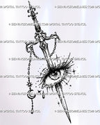 Witchy sword through eye tattoo stencil with ornate fantasy sword, lash-lined eye, crescent moon, star, tear, and hanging celestial charm chain