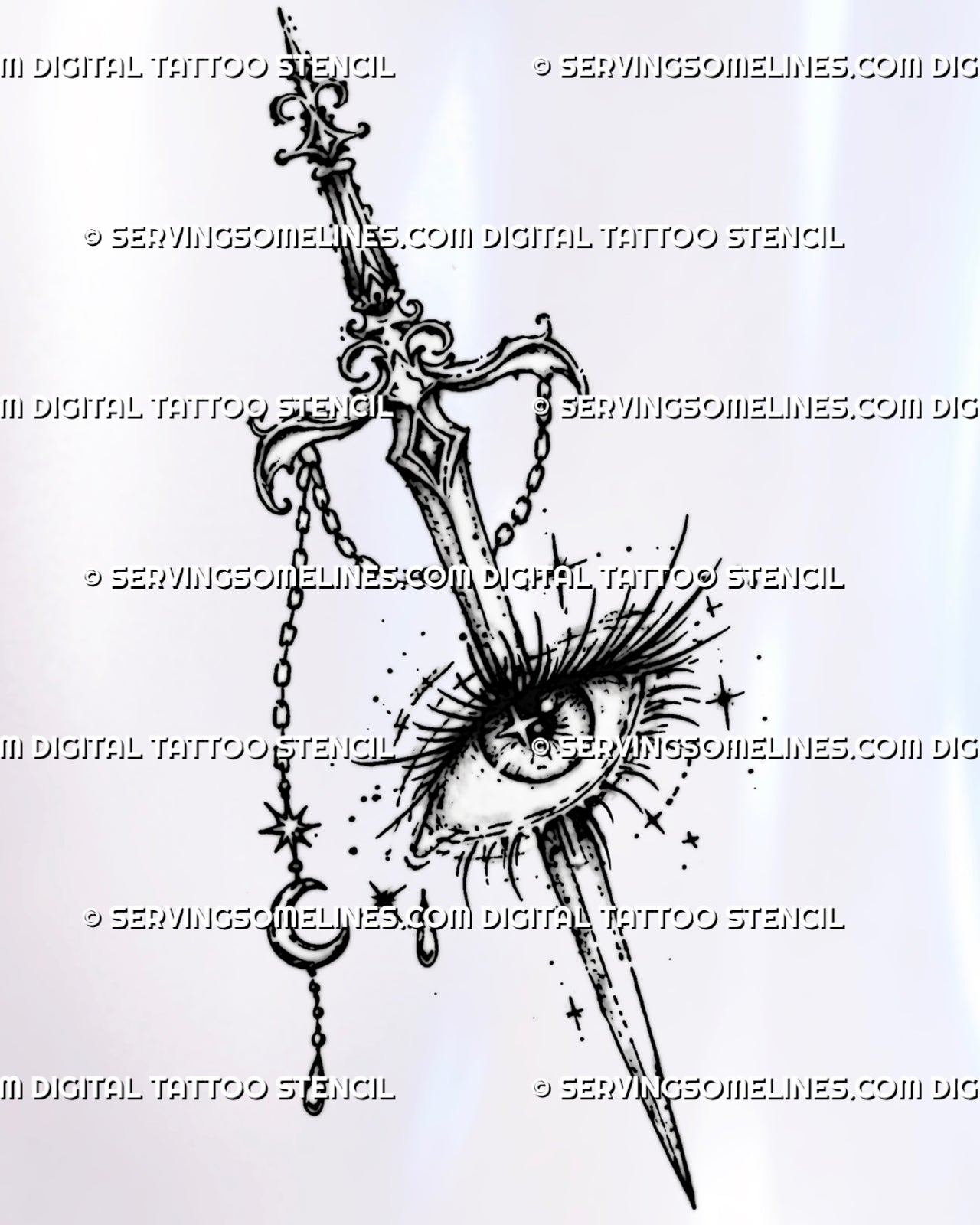 Witchy sword through eye tattoo stencil with ornate fantasy sword, lash-lined eye, crescent moon, star, tear, and hanging celestial charm chain