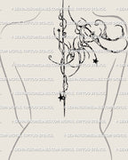 women’s spine tattoo mockup with centered feminine cyber tribal design featuring star accents and curved ornamental linework down the back
