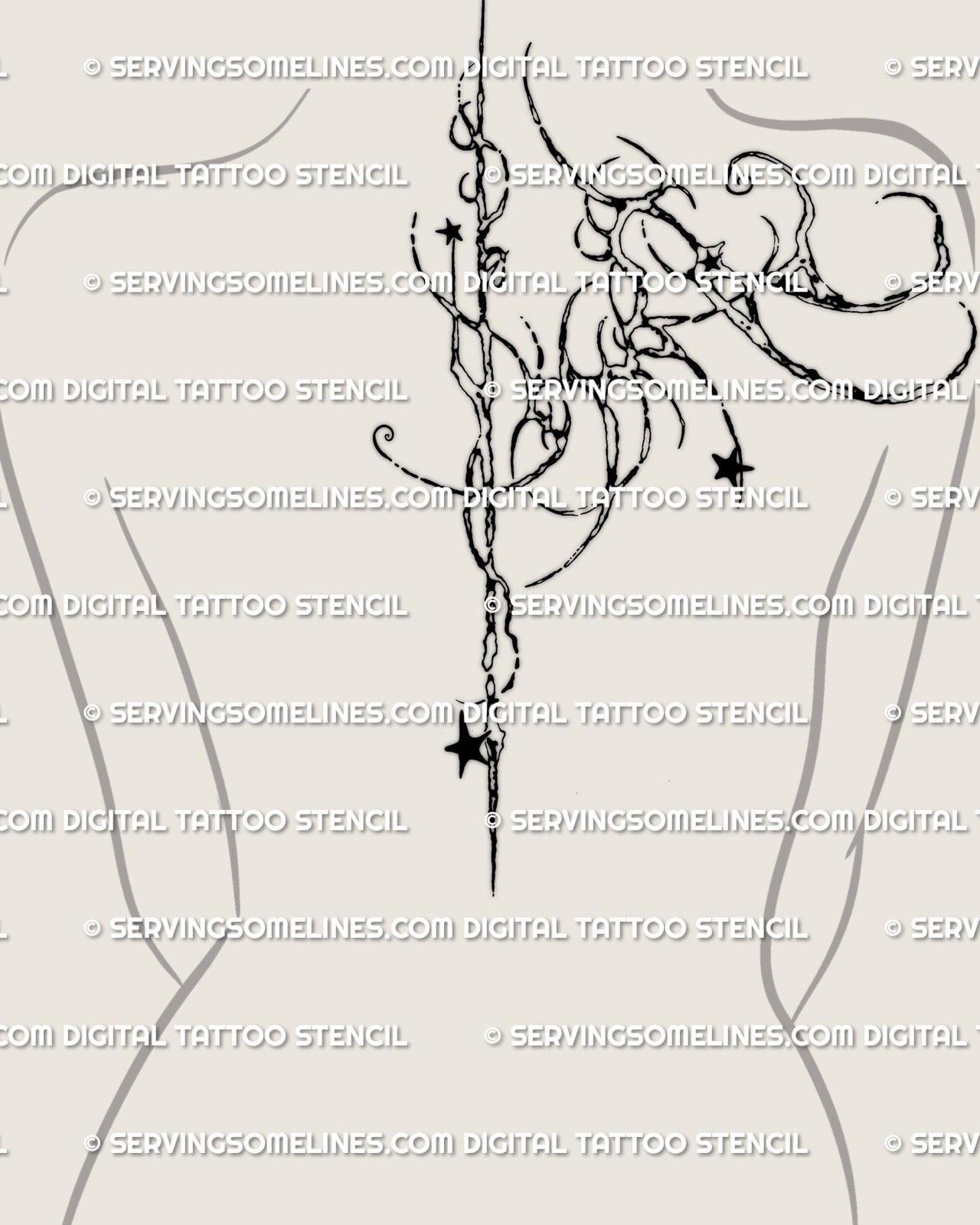 women’s spine tattoo mockup with centered feminine cyber tribal design featuring star accents and curved ornamental linework down the back
