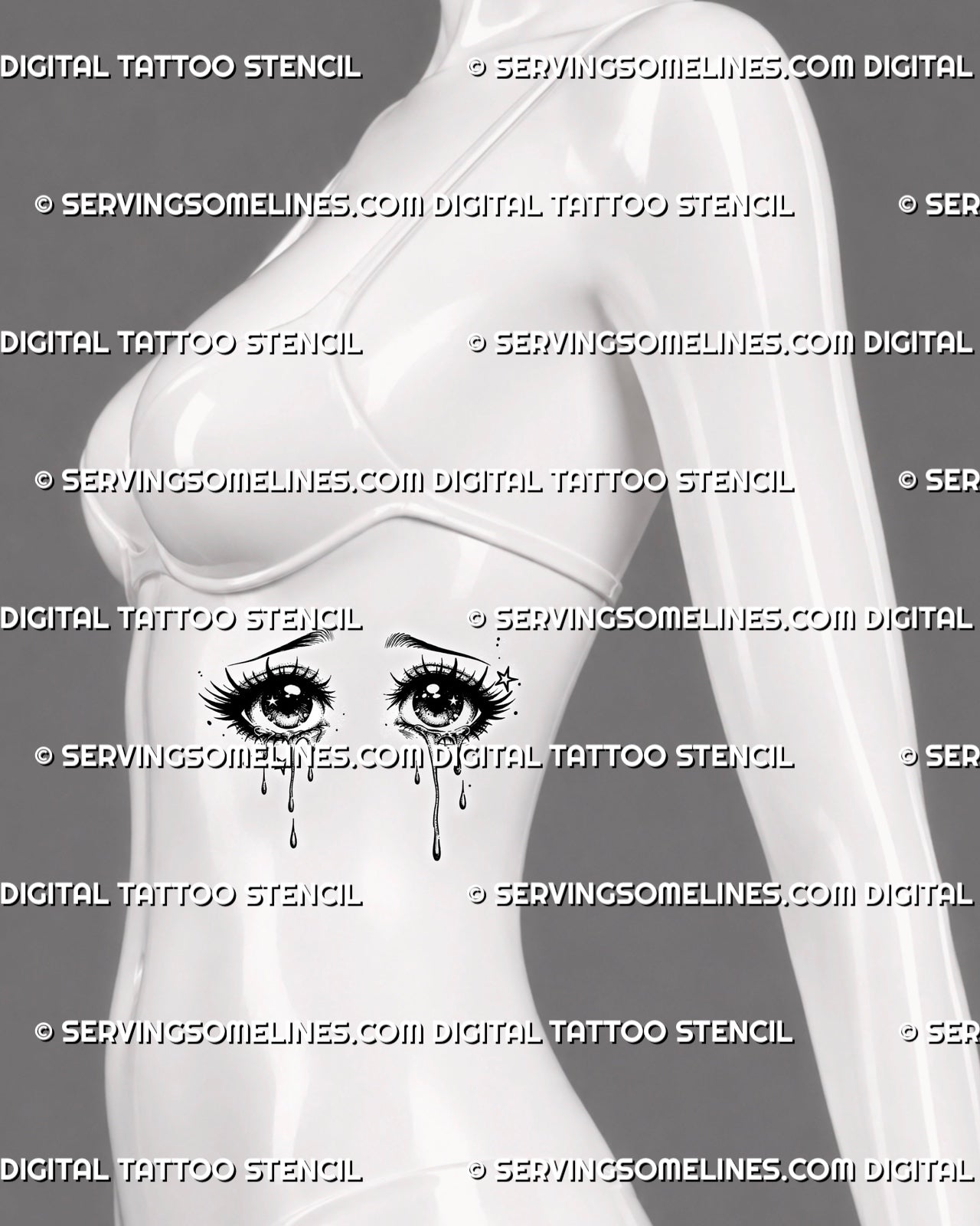 Crying anime eyes tattoo stencil shown on womens ribs placement, with glossy manga pupils, lashes, tears, and star details.