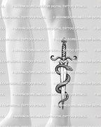 Snake wrapped dagger tattoo displayed on calf placement, with clear coils, detailed scales, and clean printable stencil shape.