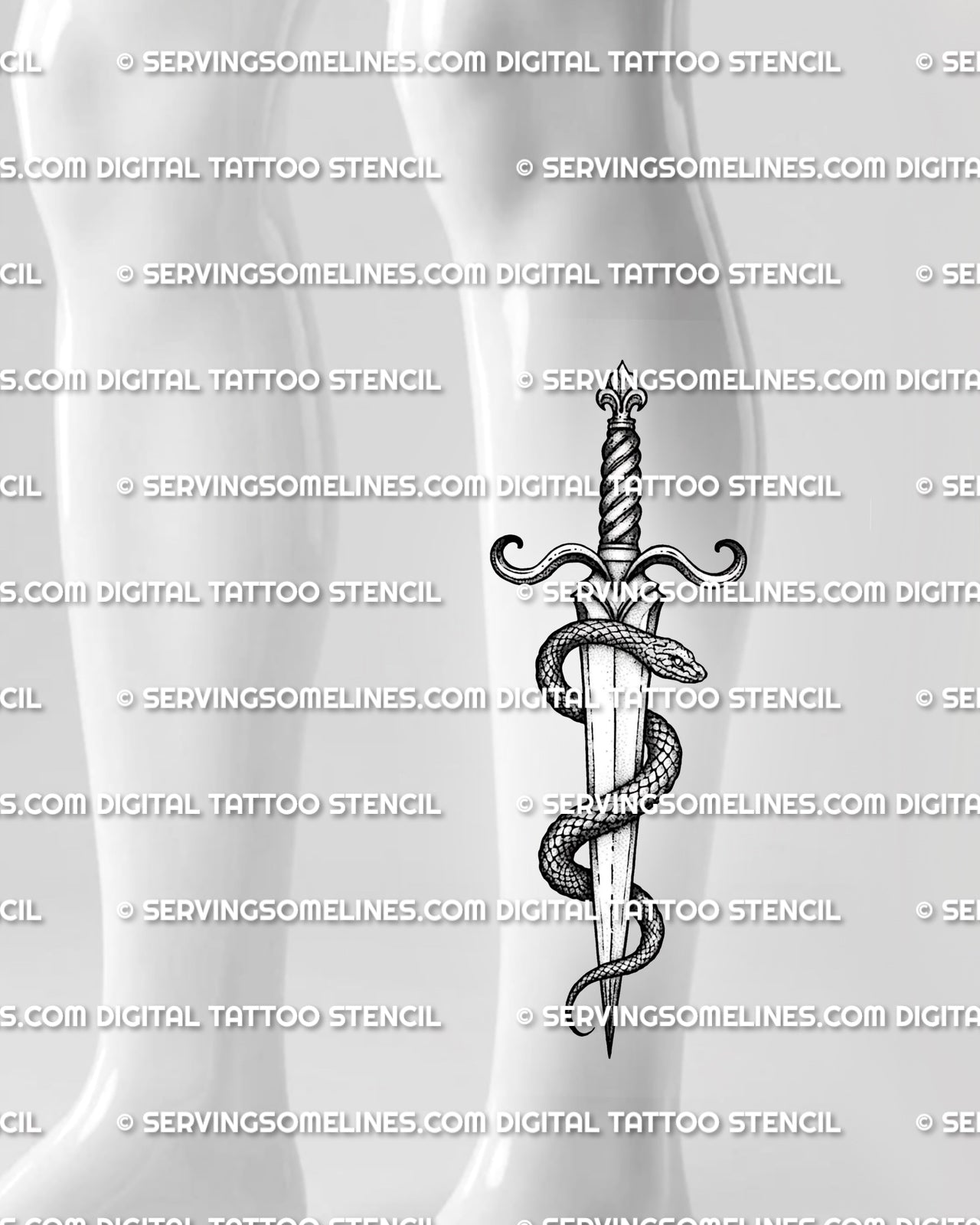 Snake wrapped dagger tattoo displayed on calf placement, with clear coils, detailed scales, and clean printable stencil shape.