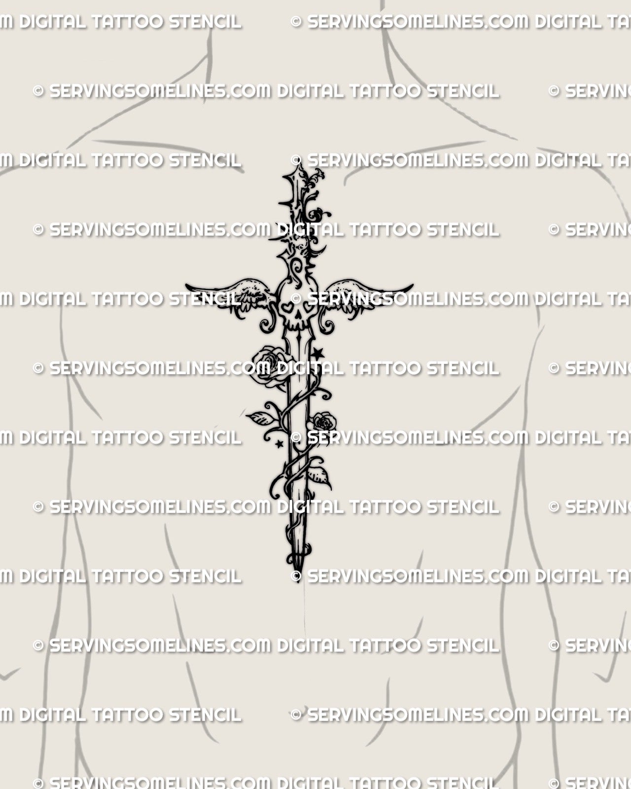 mens chest tattoo mockup centered with y2k angel dagger skull roses and stars shown as a high resolution digital tattoo stencil for chest placement