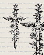 y2k dagger tattoo design with angel wings skull hearts and roses shown as clean linework stencil for cute goth and emo aesthetic tattoo ideas
