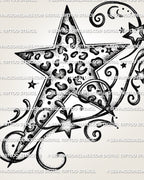 Y2K cheetah print star tattoo stencil with leopard-style spots, 2000s swirls, small stars, and printable design file.