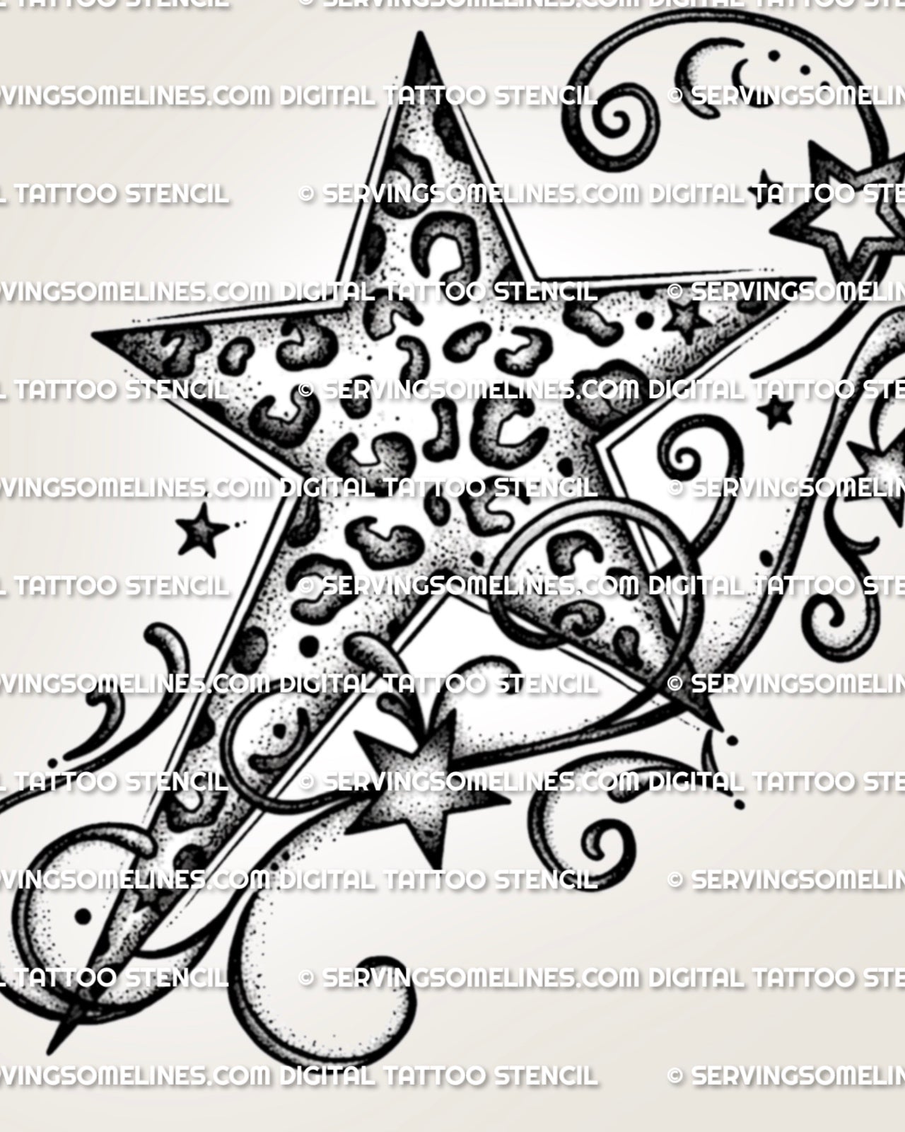 Y2K cheetah print star tattoo stencil with leopard-style spots, 2000s swirls, small stars, and printable design file.