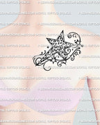 Y2K cheetah star tattoo shown on womens collarbone placement, with leopard spots, swirl lines, and small star accents.