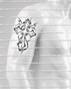 Y2K cross tattoo stencil shown on mens arm placement, chrome-style cross design with tribal curves and bold vertical shape.