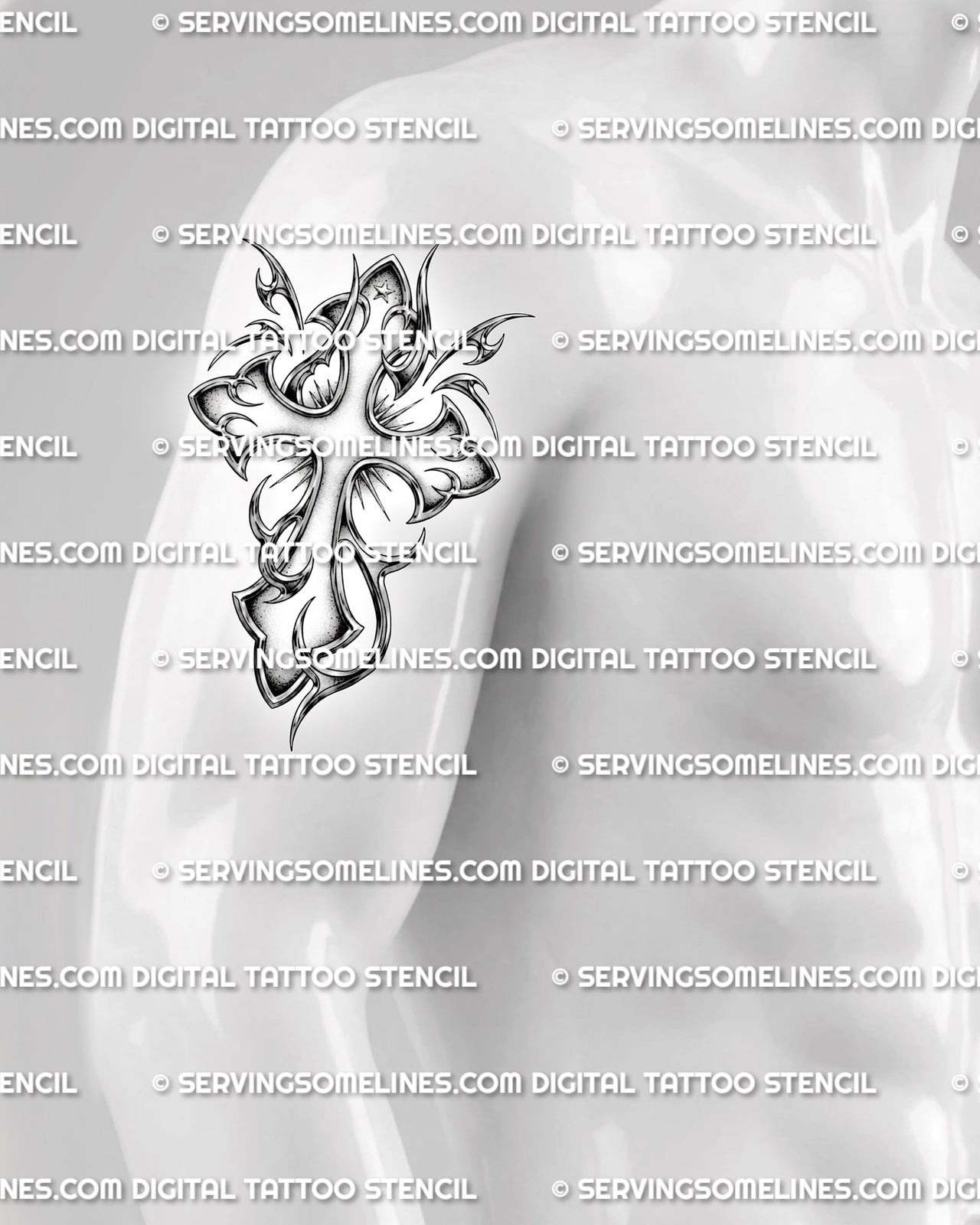 Y2K cross tattoo stencil shown on mens arm placement, chrome-style cross design with tribal curves and bold vertical shape.