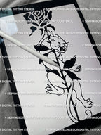 Y2K panther tattoo design digital file showing black rose and gothic tribal shapes, made for tattoo artists to print easily