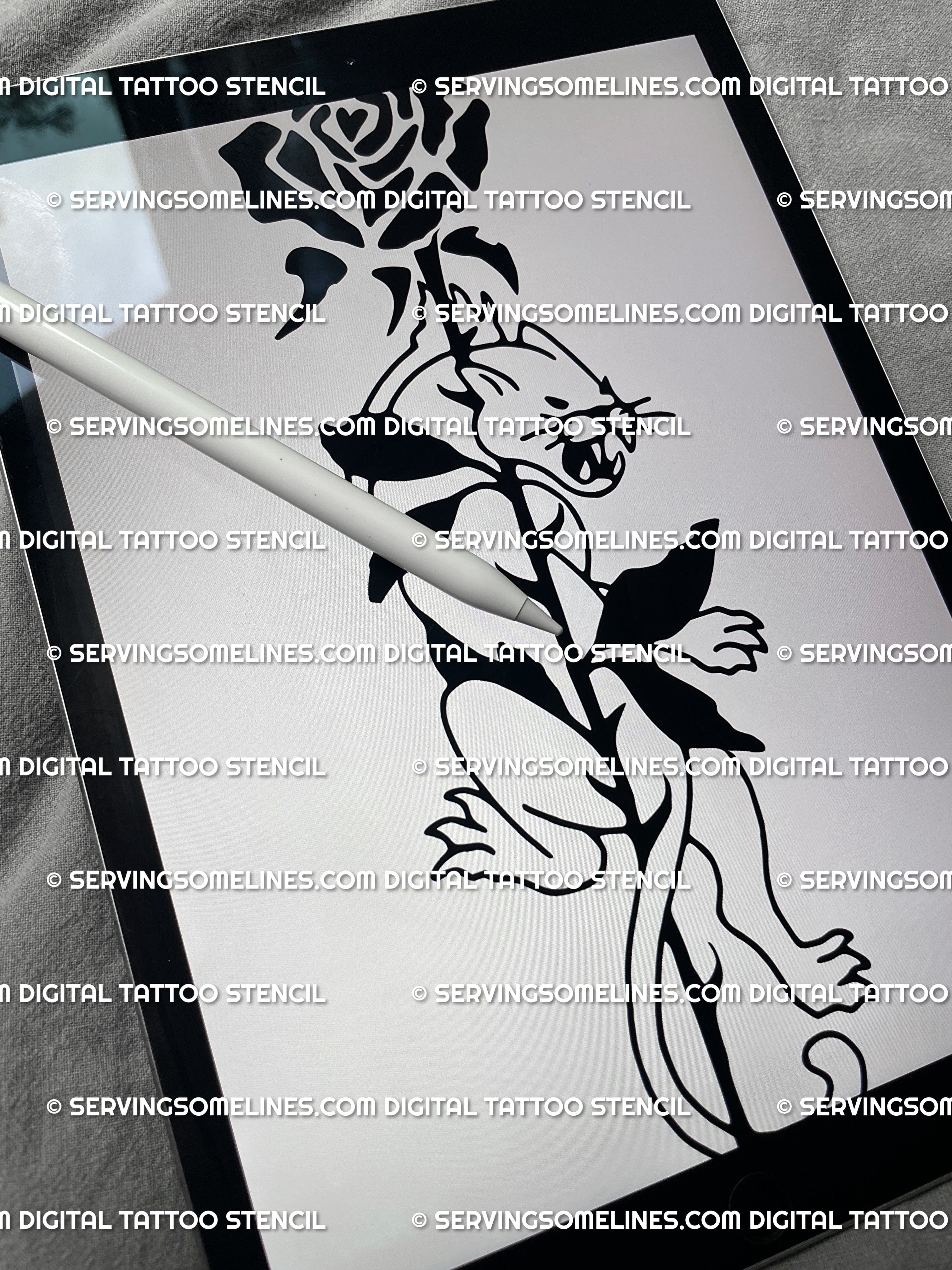 Y2K panther tattoo design digital file showing black rose and gothic tribal shapes, made for tattoo artists to print easily