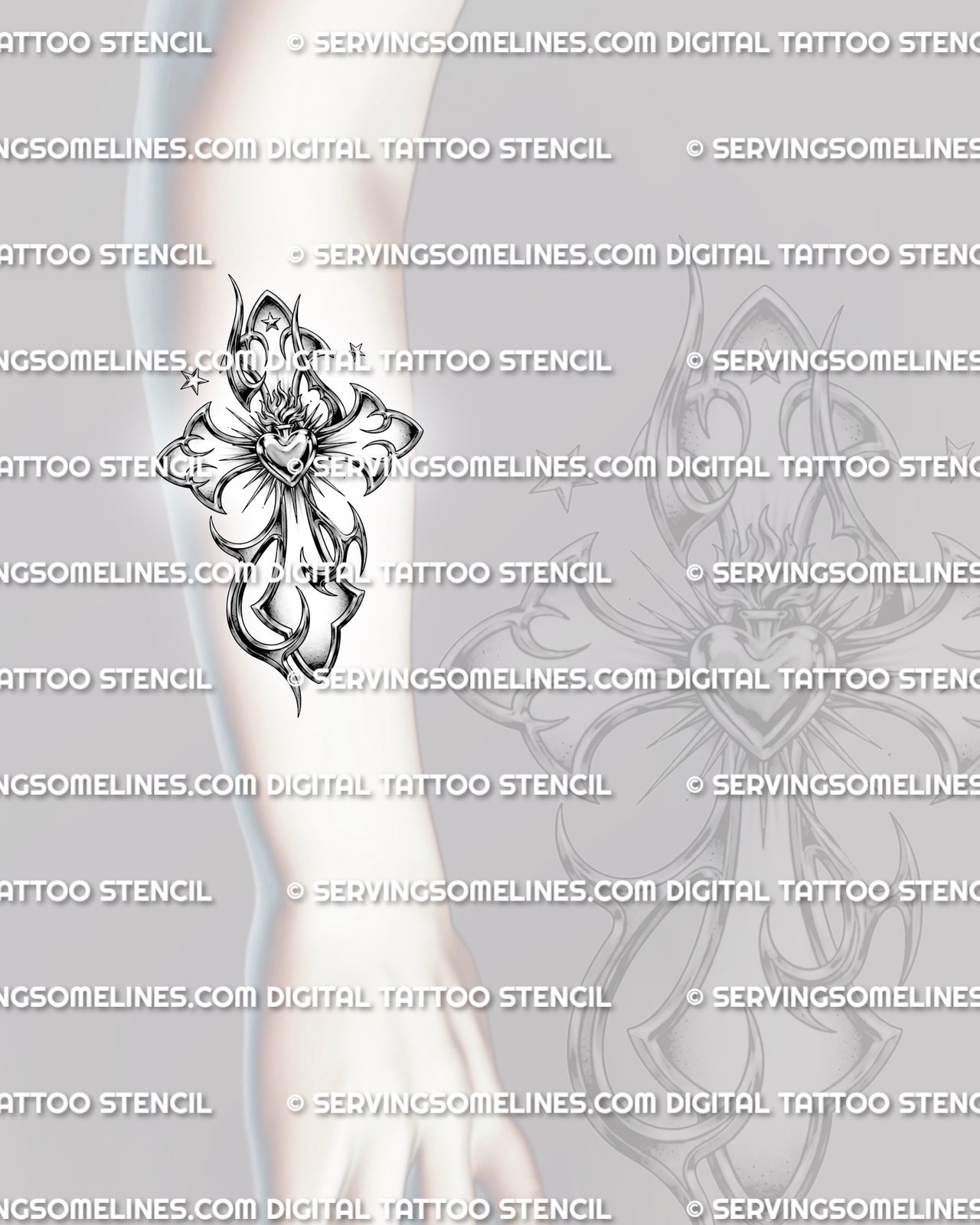 Y2K sacred heart cross tattoo stencil shown on forearm placement with chrome shading, flame heart, and curved tribal edges.