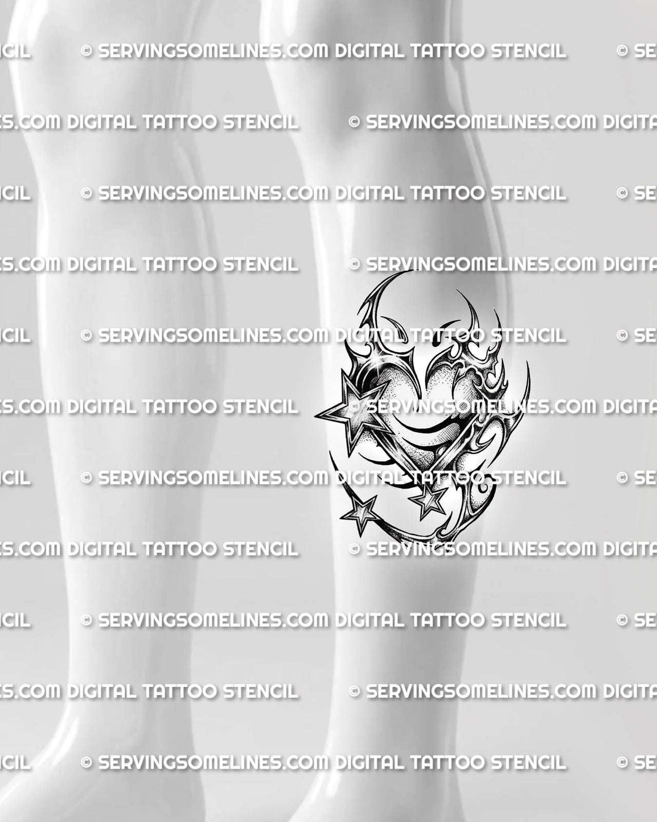 Y2K star and heart tattoo stencil shown on lower leg placement with clear chrome-style heart shape

