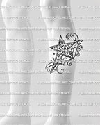Y2K star tattoo stencil shown on calf placement, with cheetah print detail, swirl lines, and small star accents.