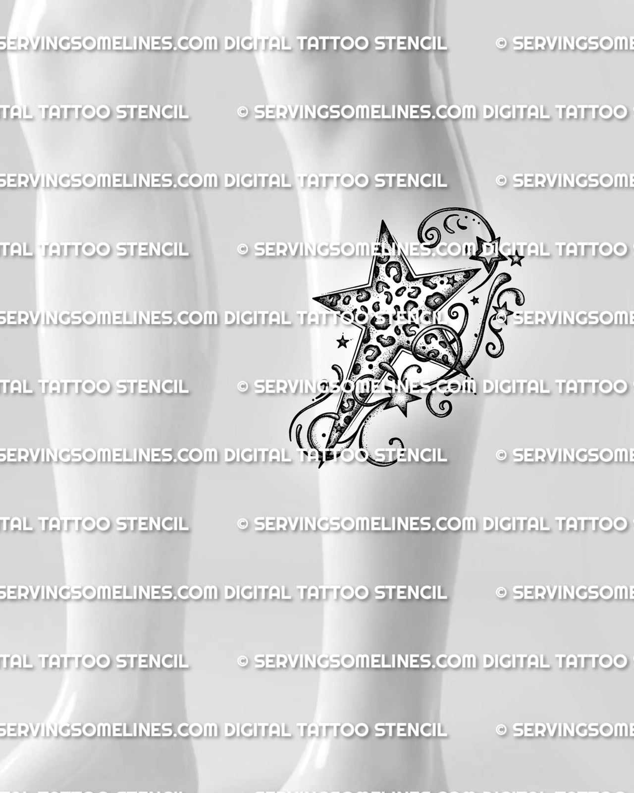 Y2K star tattoo stencil shown on calf placement, with cheetah print detail, swirl lines, and small star accents.