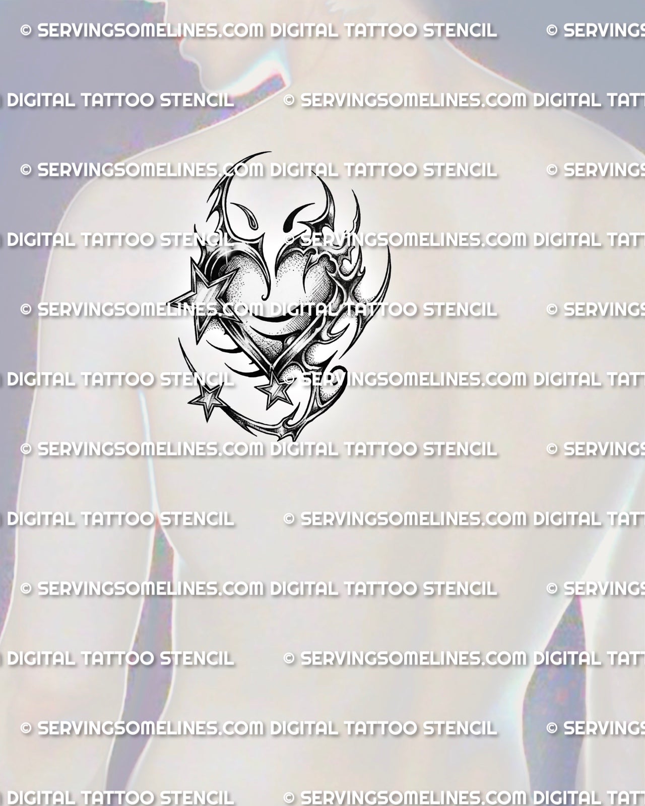 Y2K tattoo stencil shown on men’s shoulder blade placement with chrome heart, stars, and cyber tribal curves
