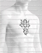 Y2K tribal cross tattoo shown on mens sternum placement, centered chrome-style design with curved ornamental points. 