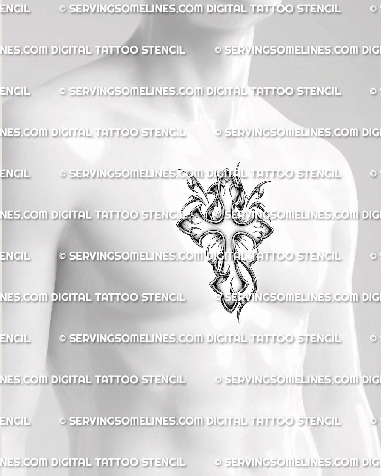 Y2K tribal cross tattoo shown on mens sternum placement, centered chrome-style design with curved ornamental points. 