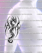 Y2K tribal dragon tattoo shown on a woman’s upper arm with a winged black dragon silhouette, jagged blackwork, pointed hooks, and cybersigilism-inspired details