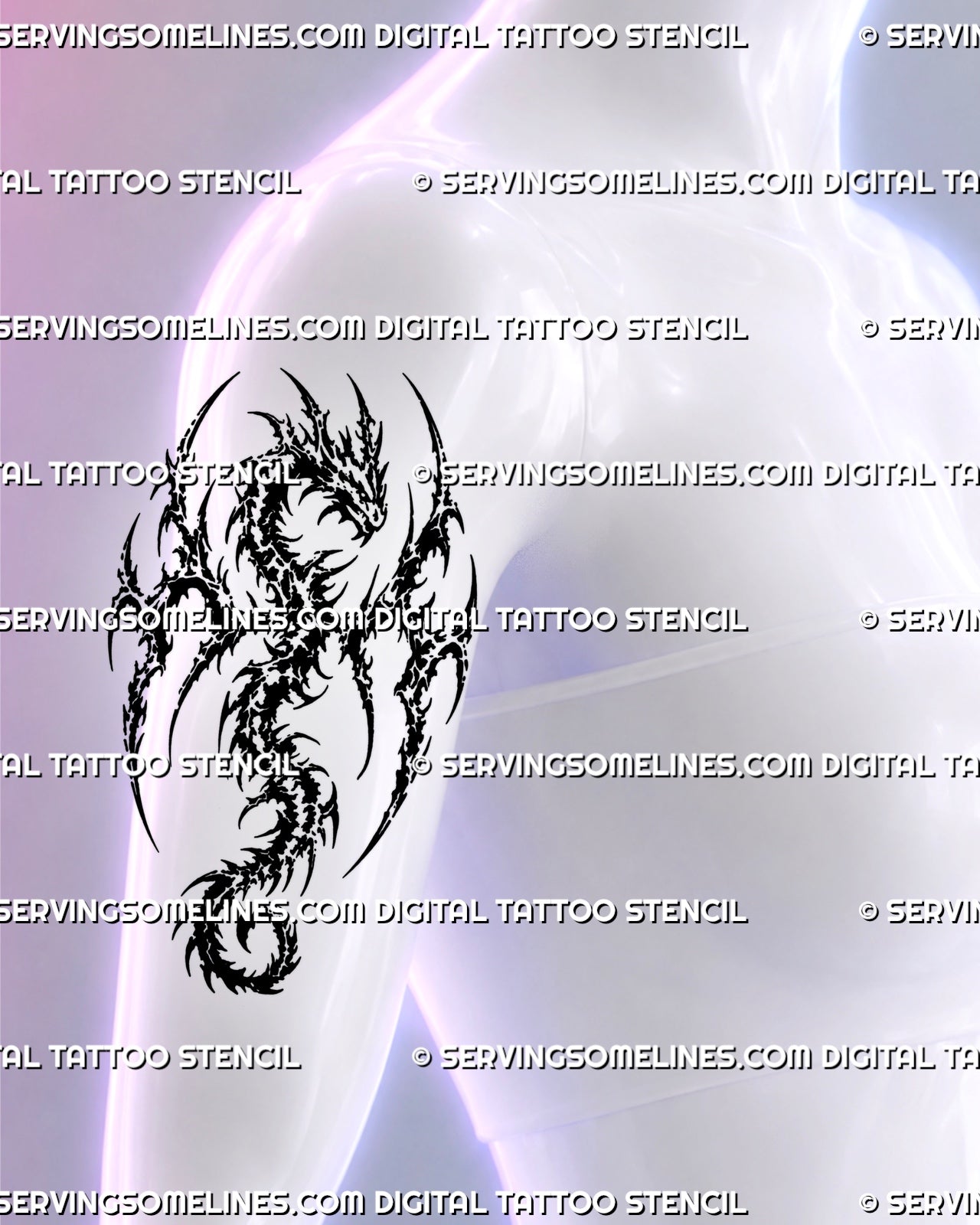 Y2K tribal dragon tattoo shown on a woman’s upper arm with a winged black dragon silhouette, jagged blackwork, pointed hooks, and cybersigilism-inspired details
