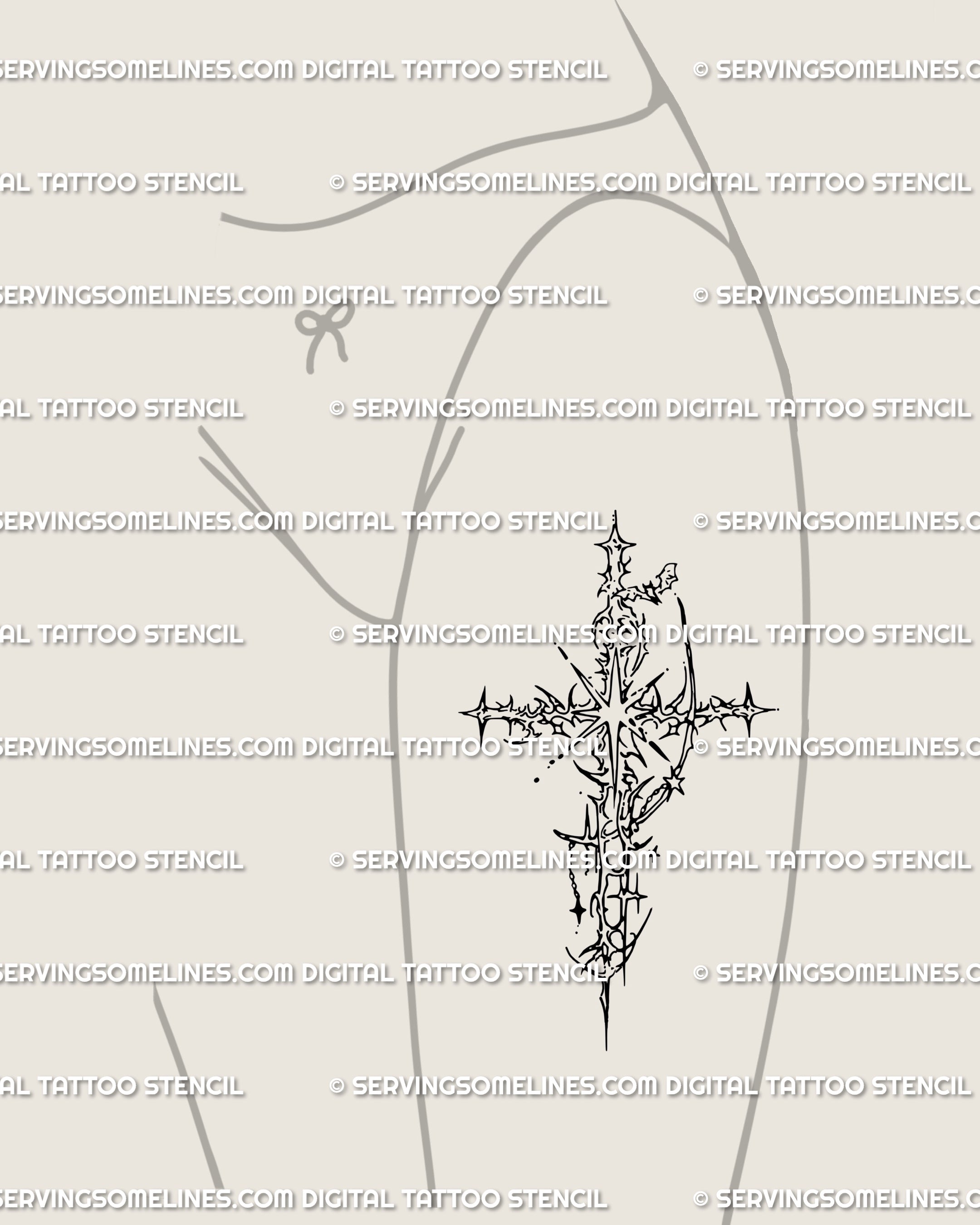 Y2K gothic cross tattoo idea for thigh, cyber tribal ornamental design scaled larger, symbolic mark of resilience and protection.