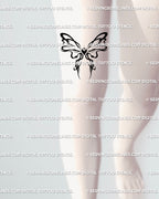 Coquette bow tattoo above the knee, girly cybersigilism ribbon with heart center and cybertribal lines, cute feminine design idea. 