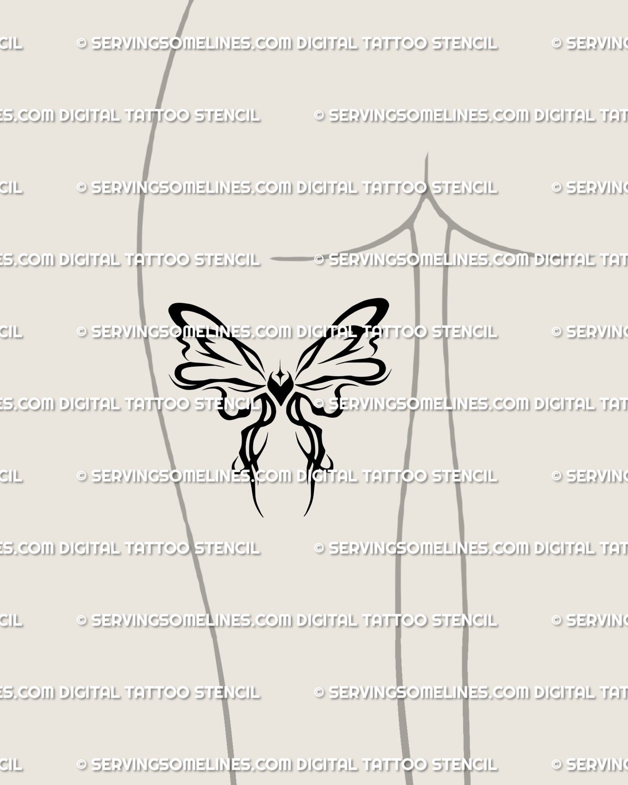 Abstract bow stencil shown on back of thigh placement example, ornamental ribbon tattoo design with printable PNG JPG PDF.