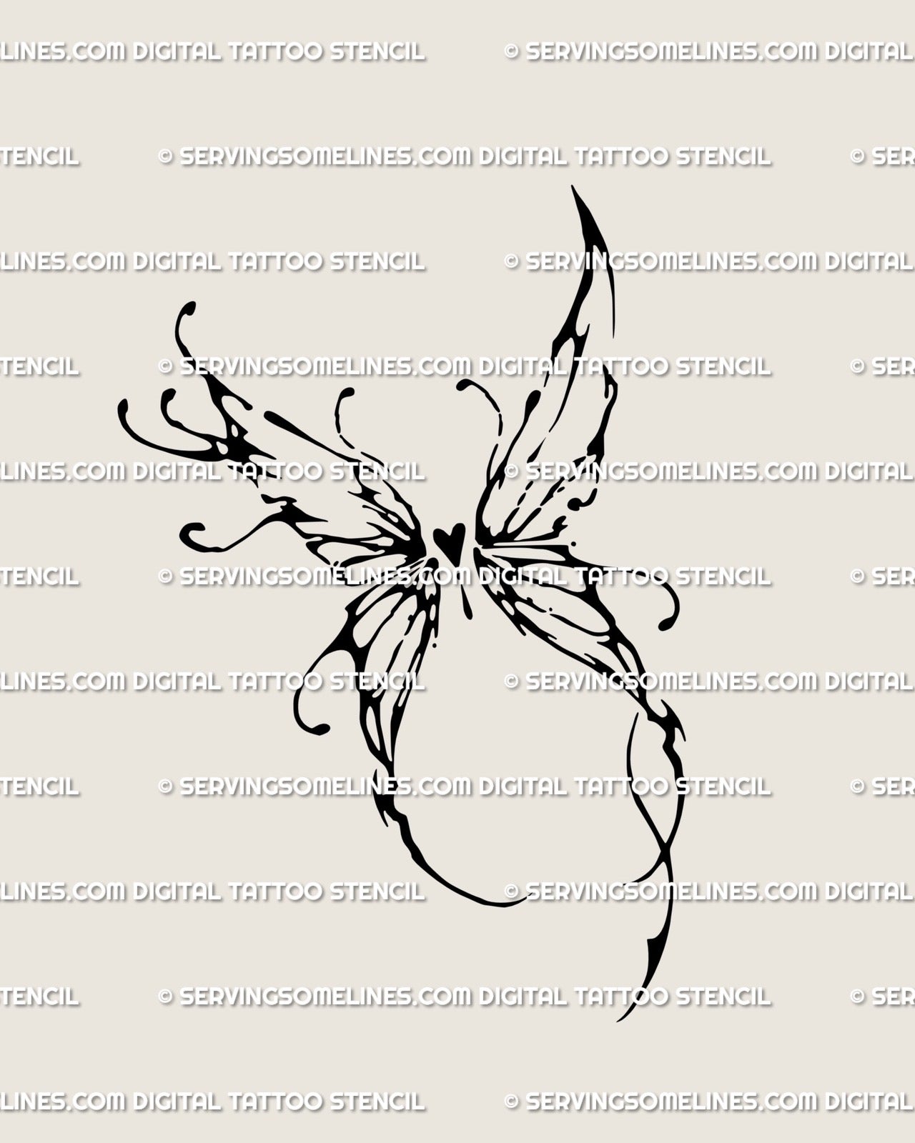 Abstract butterfly heart wings tattoo stencil in cybersigilism style, delicate fairycore digital design for body art download. 