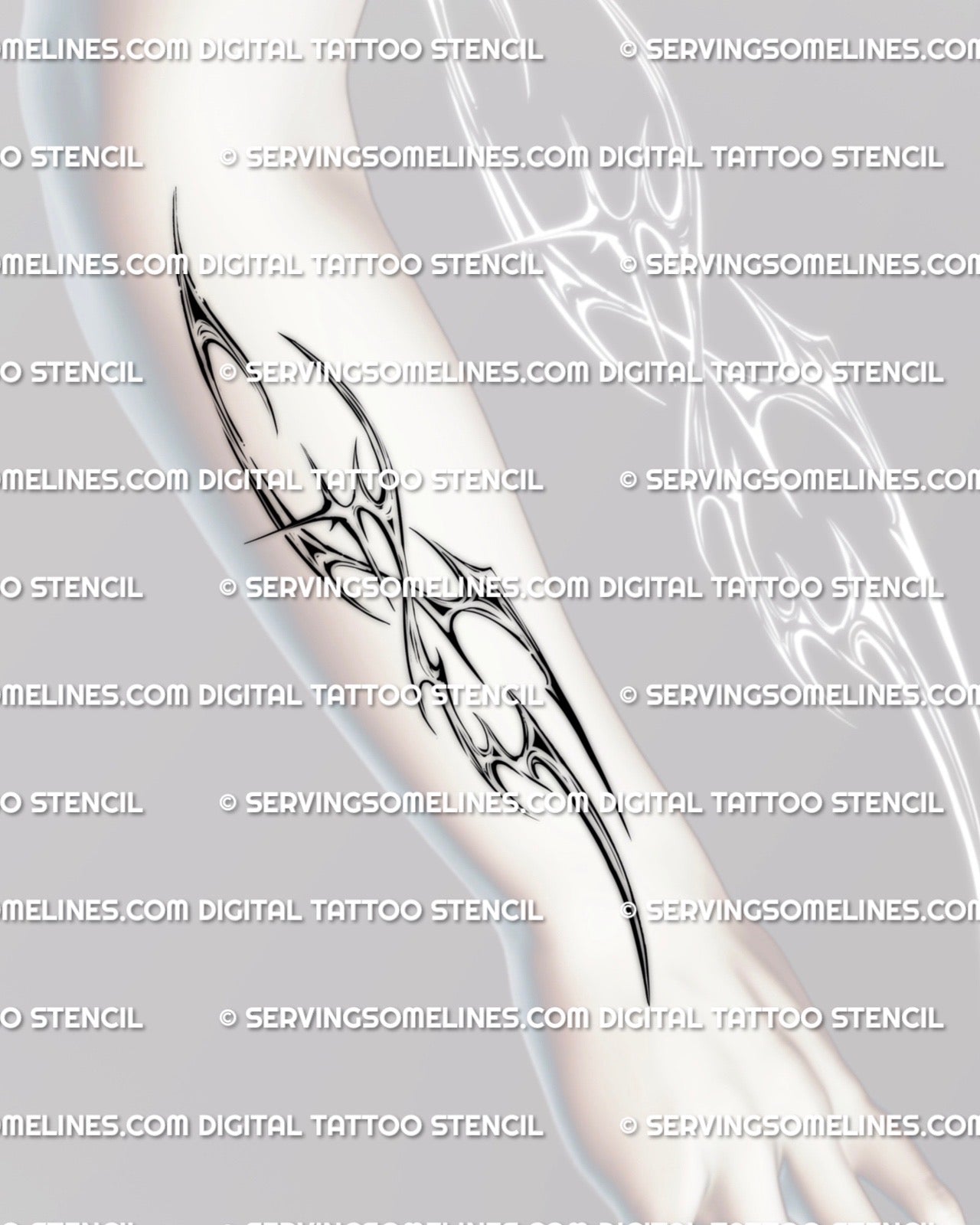 abstract cyber tribal tattoo stencil placed on forearm, futuristic neotribal linework with chrome accents shown in wearable arm position