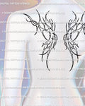 Abstract cyber tribal wings upper back tattoo stencil shown on upper back placement with sharp outlined wings and a centered layout