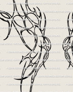 Close detail of abstract cyber wings tattoo showing hooked outlines, sharp arcs, and clean ornamental linework