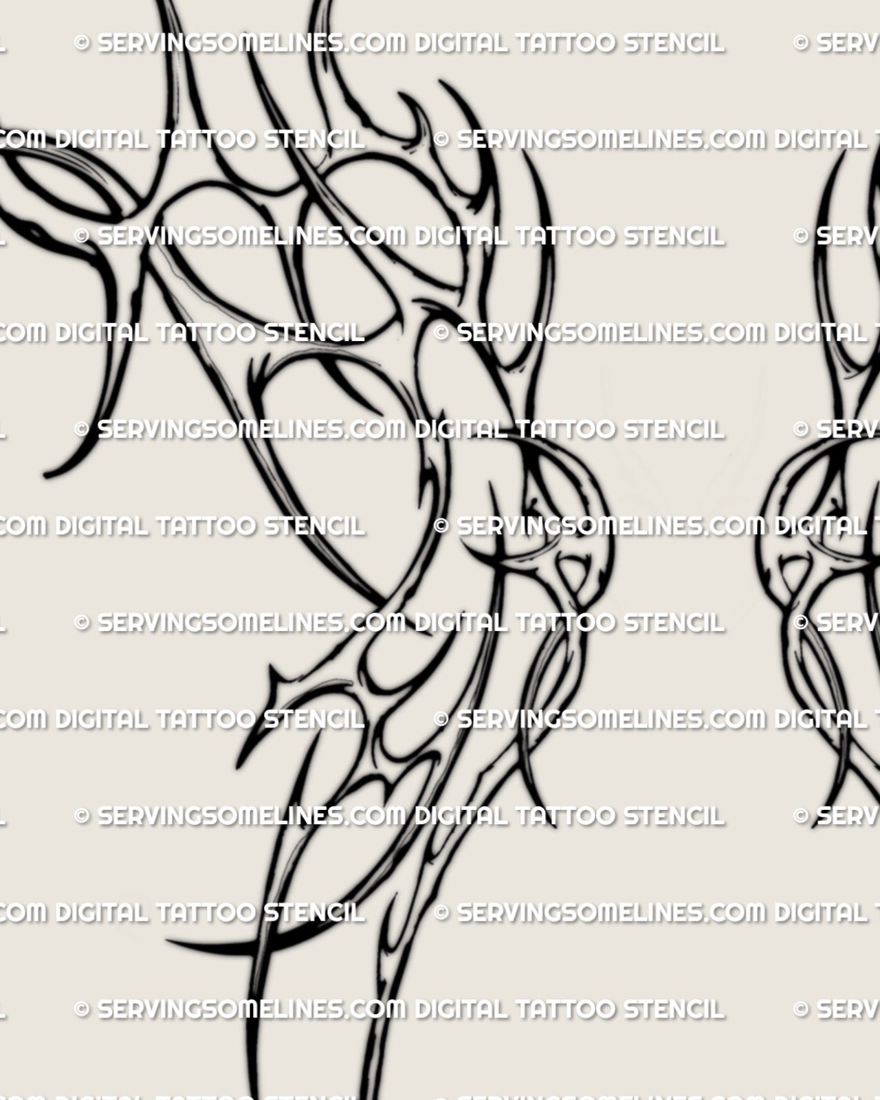 Close detail of abstract cyber wings tattoo showing hooked outlines, sharp arcs, and clean ornamental linework