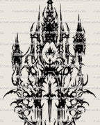 Abstract cybersigilism sigil tattoo design built from spiked towers, blade-like symmetry, and dense ritual symbol composition.
