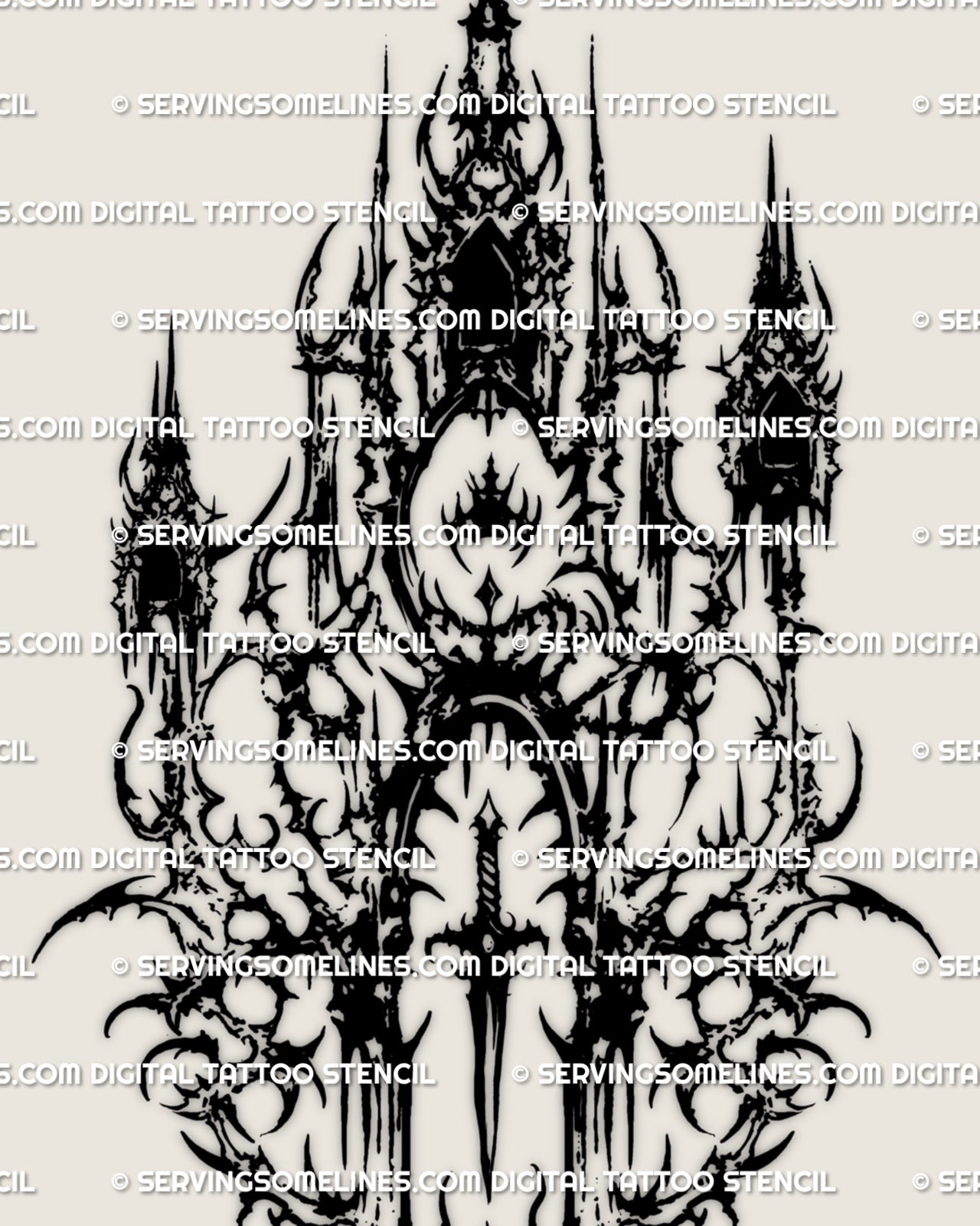 Abstract cybersigilism sigil tattoo design built from spiked towers, blade-like symmetry, and dense ritual symbol composition.
