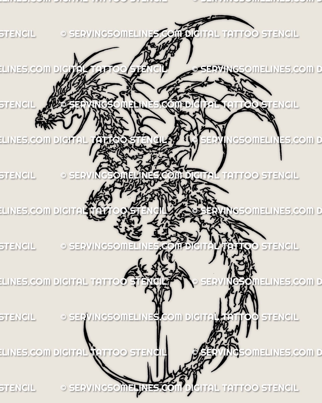 Abstract dragon tattoo stencil built with cybersigilism and neotribal linework, digital tattoo design ready for transfer